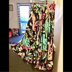 S Black Tropical Print Full Button Front Skirt w Open Front Elastic Waist